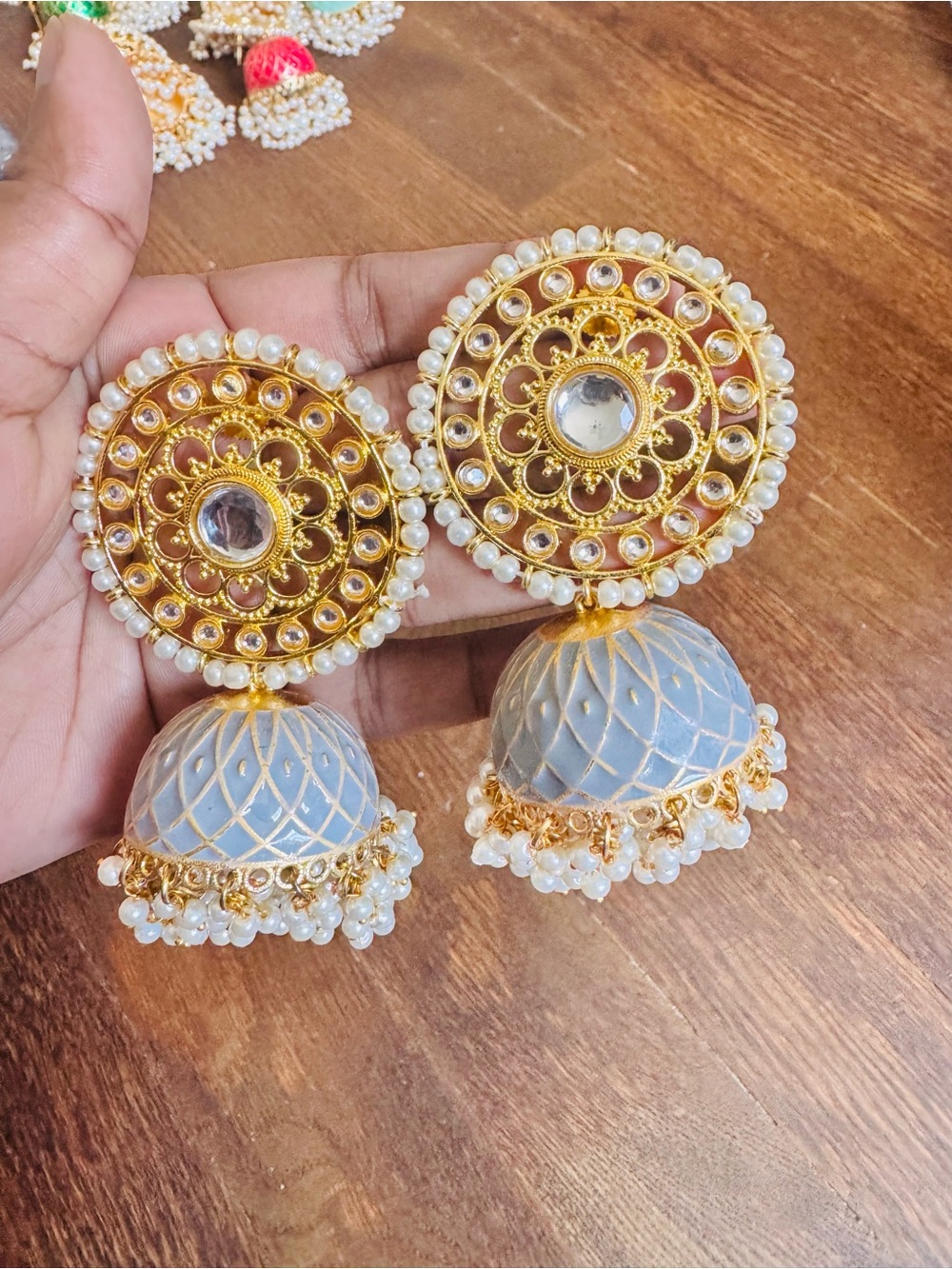 Gold and Light Blue Pearl Jhumka Earrings - Women Jewelry